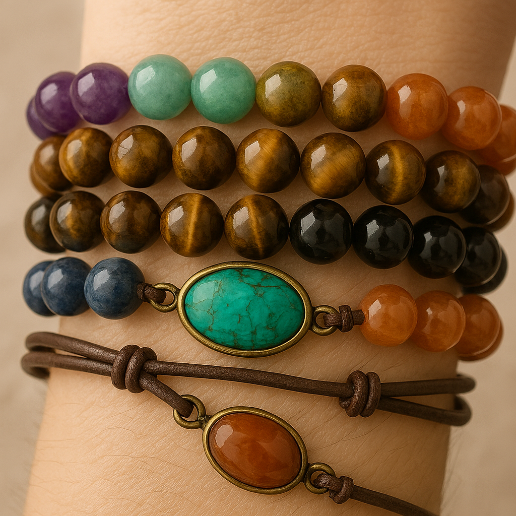 Poignet orné de plusieurs bracelets en pierres naturelles colorées